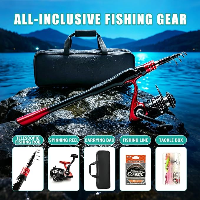 Fishing Rod and Reel Combo Kit, 2PACK Carbon Fiber Telescopic Fishing Pole | 2PACK Portable Spinning Reel Set with Lures,Lines,and Carry Bag for Travel Outdoor Fishing