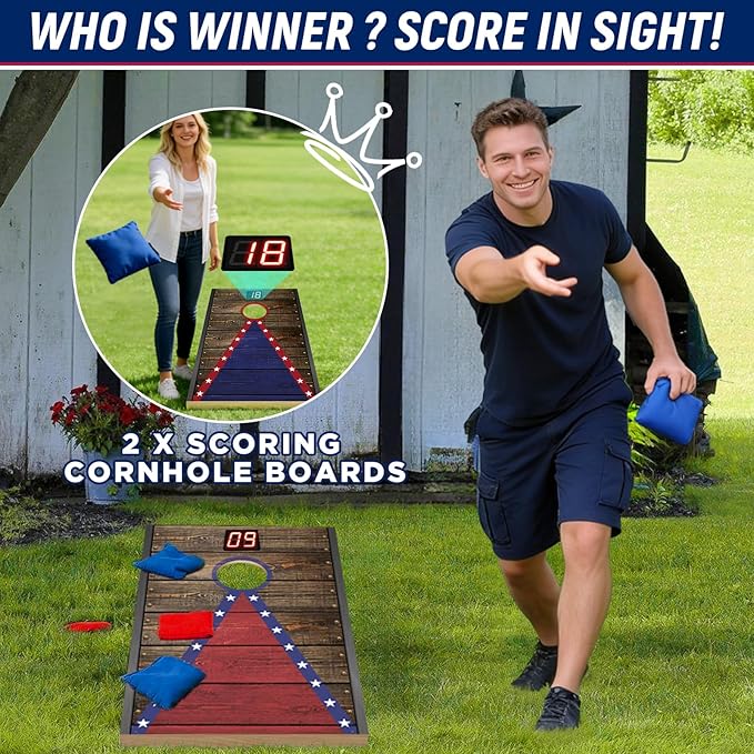 Electronic Cornhole Board Set (4x2ft) - Automatic Scoring Corn Hole Game for Adults & Kids - Infrared Sensing Wood Set with 8 Bags & Carry Case for Backyard, Party & Tailgates