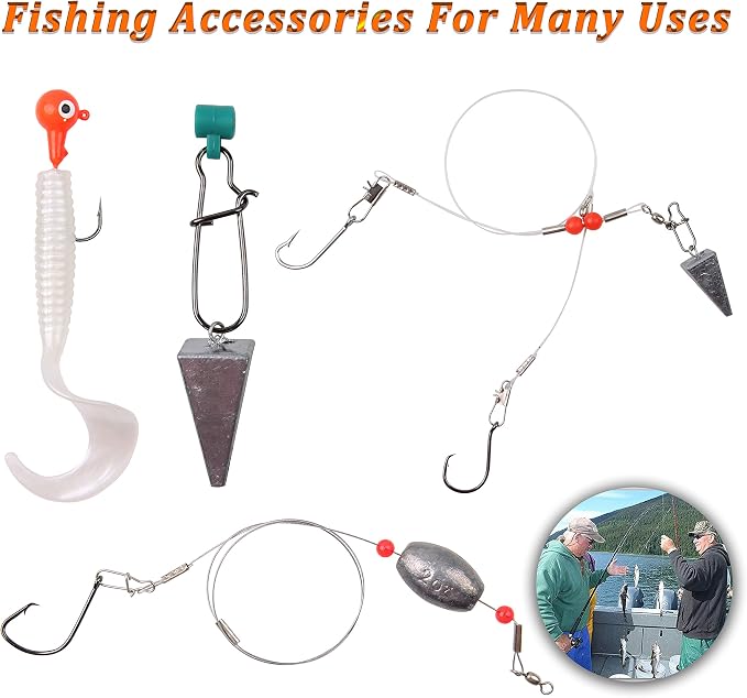 Saltwater Fishing Tackle Kit with Tackle Box Includes Surf Fishing Leader Rigs, Swimbait Lures, Hook Swivels, Fish Finder Rig, Sinker Weights, Fishing Gear and Equipment, Gift for Men