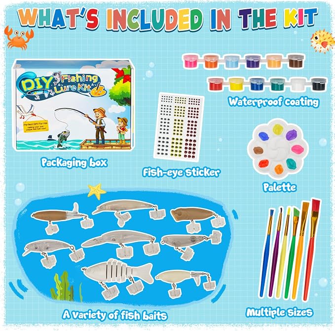 THKFISH DIY Fishing Lure Kit - Kid-Friendly Lures Making kit Customizing Lures, Includes Paint & Brushes, Perfect Fishing Gifts and Crafts for Kids, Tackle Box Must-Have
