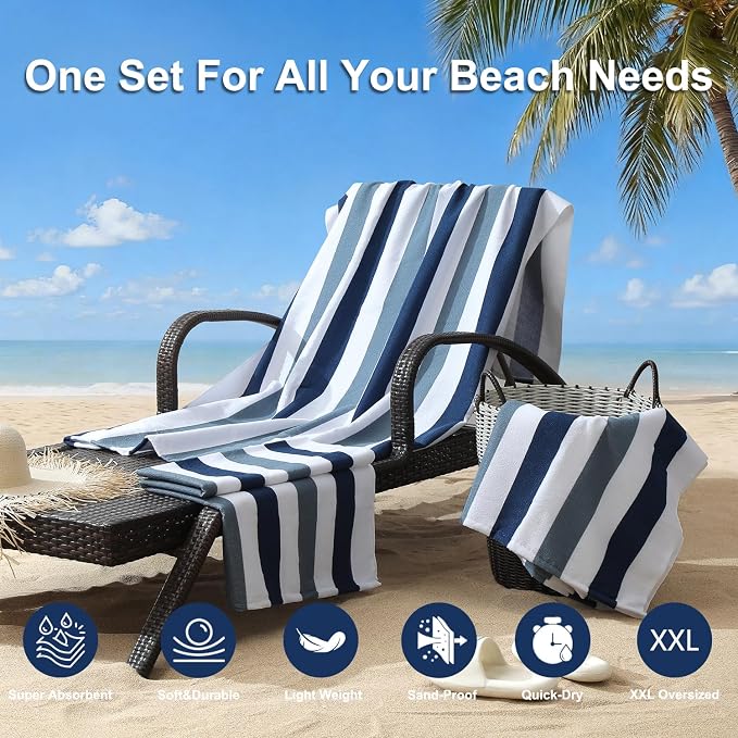 Jessy Home 4 Pack Striped Oversized Beach Towel Set, 40x70 Inch Microfiber Sandproof Quick Dry Super Soft Swim Towels, Absorbent Stylish Pool Towels, Swim Cover Up for Beach Vacation Travel