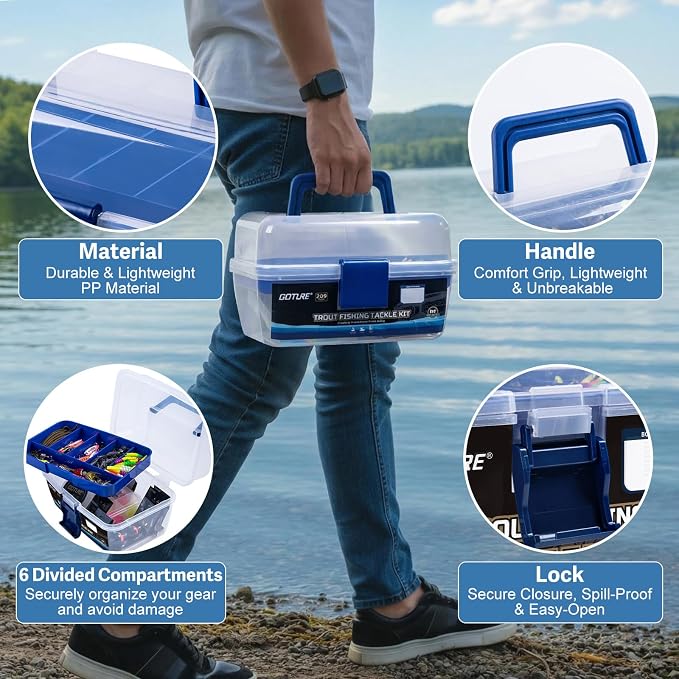 Goture 2-Layer Fishing Tackle Box with Trout Fishing Lures Kit Included, Portable Tackle Organizer with Hooks Sinkers Spinners & Soft Baits, Ideal Fishing Gifts for Men Anglers
