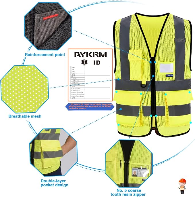 A-SAFETY High Visibility Mesh Safety Reflective Vest with Pockets and Zipper,Hi Vis Viz Reflective Safety Vest(Yellow Mesh XXL)