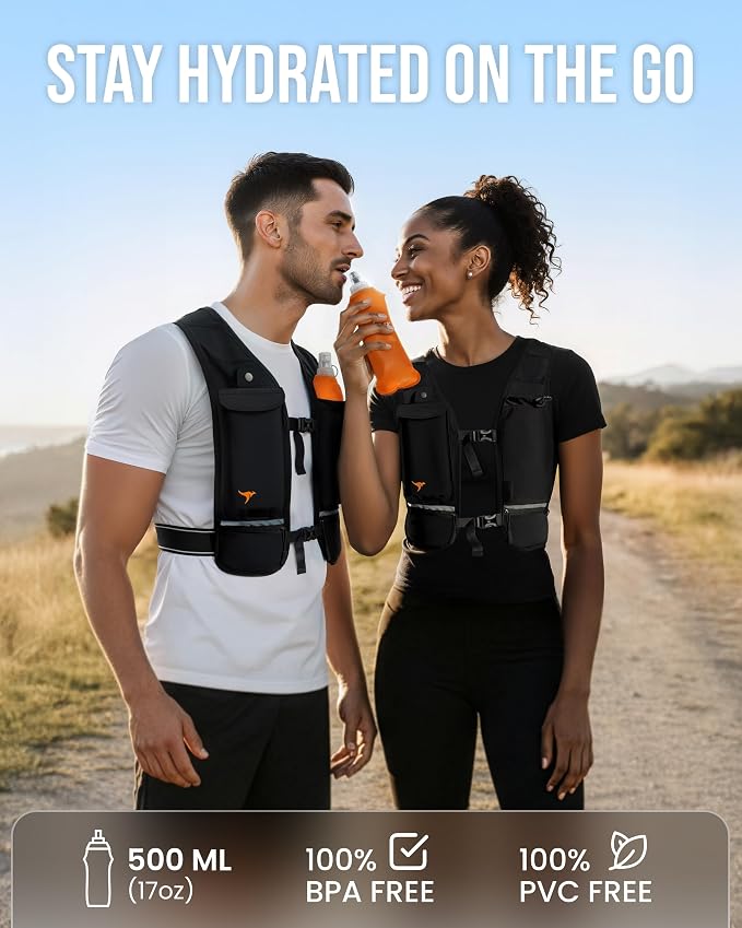 Running Vest for Women Men-Reflective Running Hydration Vest with 500ml Soft Water Bottle, Phone Holder, 2 LED Lights USB Rechargeable-7 Pockets Runners Backpack Marathon
