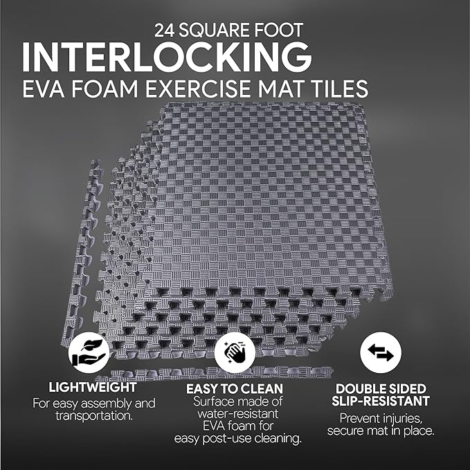BalanceFrom Puzzle Exercise Mat 1" Thick, EVA Interlocking Foam Floor Tiles for Home Gym, Mat for Home Workout Equipment, Floor Padding for Kids, Gray, 24 in x 24 in x 1 in, 24 Sq Ft - 6 Tiles