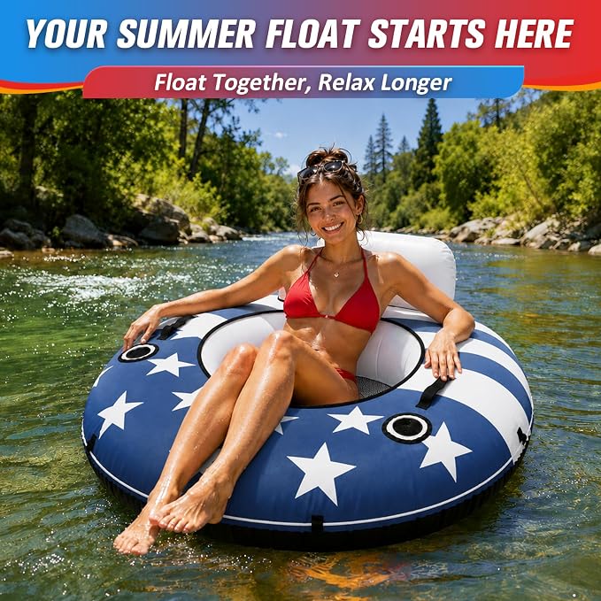 ZEALFEEL River Tube, 53'' River Float Tube with Premium Canvas Cover, Comfortable Backrest, 2 Built-in Cup Holders, Tow Strap & Handles, Inflatable PVC Water Inner Tubes for Adults Lake Pool Floating