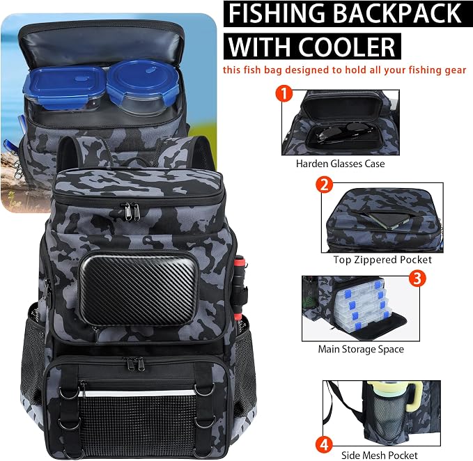 Fishing Backpack with Rod Holder and Tackle Boxes, Cooler, Large 50L Fishing Gear Bag with 139 Fishing Lures Kit, Fish Tool Set, Fish Gifts for Men Woman-Camo Backpack