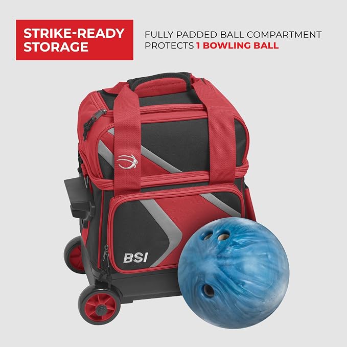 BSI Dash Roller Bowling Bag with Smooth Rolling Wheels, Padded Ball Compartment, Retractable Locking Handle, & Shoe Pocket