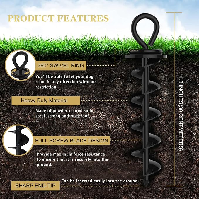 Eurmax USA 2-Pack Heavy Duty Dog Tie Out Stake, No-Tangle In Ground Anchor Runner for Large Dogs up to 210 Lbs - Perfect for Yard, Beach and Camping (Medium,Black)