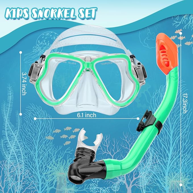 Snorkeling Gear for Kids, 4 in 1 Child Mask Fins Snorkel Set with Panoramic View Anti Fog Mask, Dry Top Snorkel, Trek Fins and Travel Bag, Kids Snorkeling Set with Fins for Snorkeling Swimming