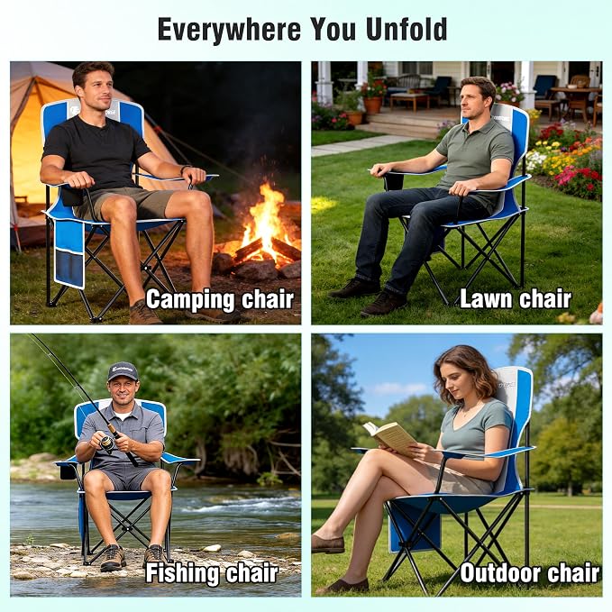 Camping Chair, 300 LBS High Back Sturdy Lawn Chairs Folding (Gray Blue) | Outdoor Portable Folding Camping Chair for Adults, with Cup Holder for Picnic, Lawn, Beach, Park, Fishing and Sports
