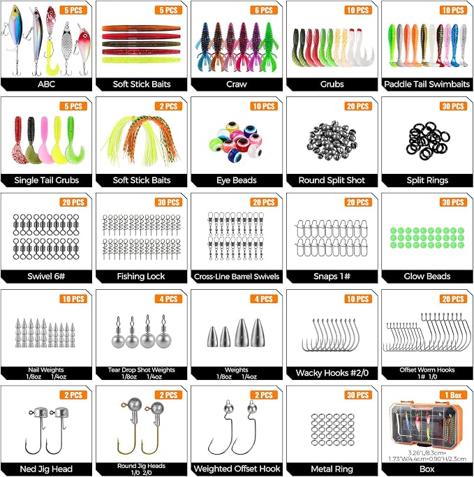 PLUSINNO Bass Fishing Lures Tackle Box Kit for All Water, 307 pcs | Pro Bass Fishing Gear Kit, for Freshwater Lake, Largemouth Bass, 6 Pre-rigged Jigs, Fishing Lure Set Gifts for Men Beginners