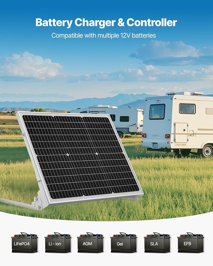 VEVOR 50W 12V Solar Battery Trickle Charger Maintainer, Mono Solar Panel Battery Charger with Upgraded MPPT Controller & Adjustable Mount Bracket, IP65 Waterproof for Car Boat RV Trailer House Roof