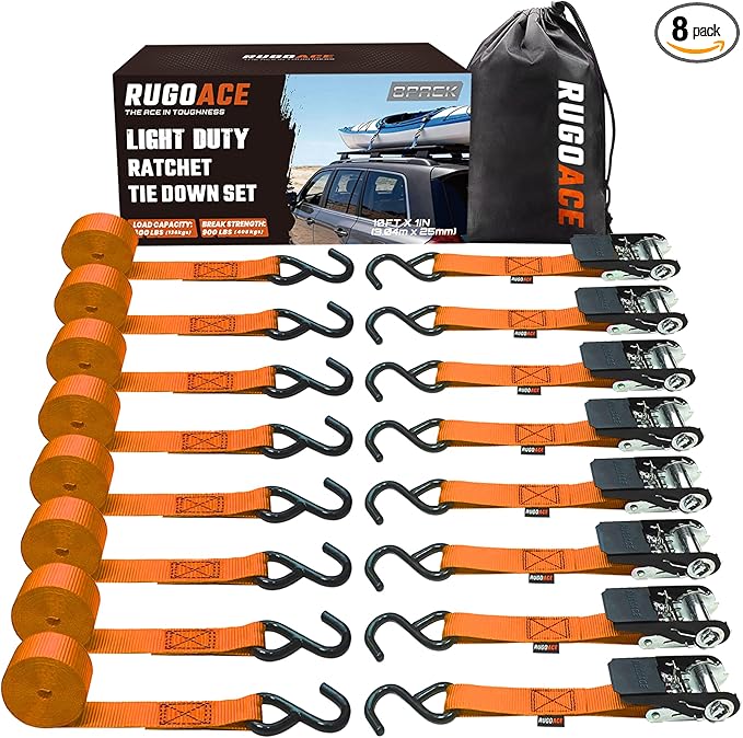 8PK Ratchet Tie Down Straps 1" x 10ft, 300lbs Load Capacity, 900lbs Break Strength, Durable for Moving Appliances, Lawn Equipment, Motorcycles, Cargo Trucks, Trailers & More (Orange)