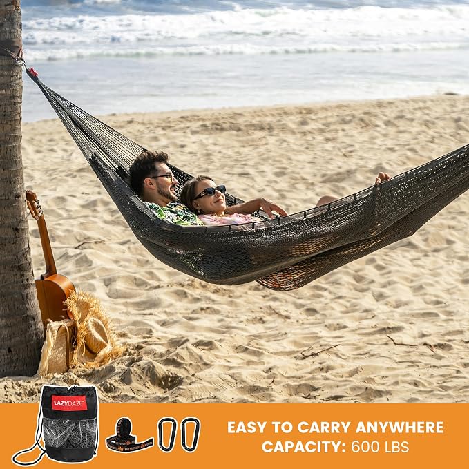 Lazy Daze Hammocks Handwoven XL Mayan Hammock, 10.5 FT Soft Rope Double Hammocks, Portable Outdoor Hammock with Carry Bag, 2 Straps & Carabiners for Patio Outside, 550 lbs Weight Capacity, Gray
