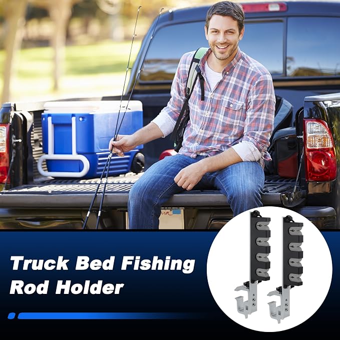 2x Aluminum Fishing Rod Holder for Truck Bed, 4 Rods Capacity, Stable C-Clamp Mount, Fishing Pole Storage Rack Holder for Truck Pickup Boat, Horizontally or Vertically Place
