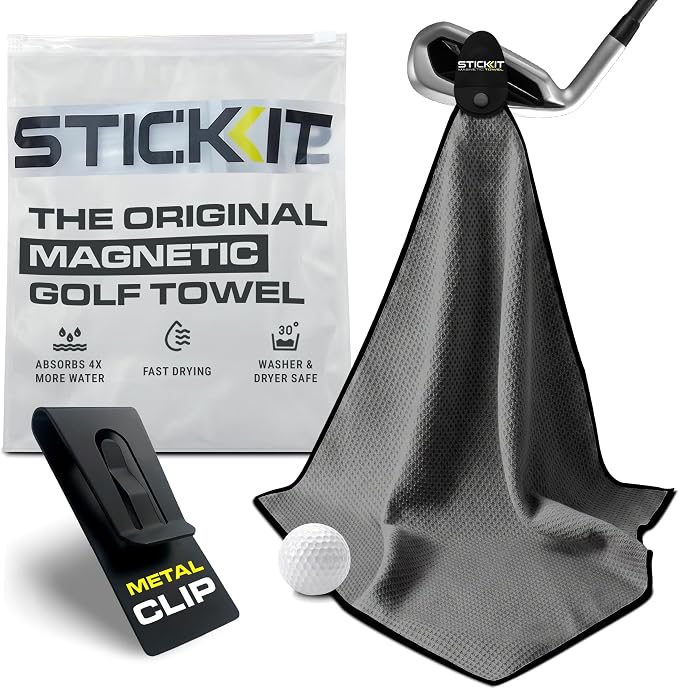 STICKIT Magnetic Golf Towel - Ultra-Absorbent Waffle Weave Microfiber & Removable Magnet - Golf Towel with Magnet for Bags, Clubs & Carts - Removes Dirt, Grass, & Debris from Club Face - 29” x 29”