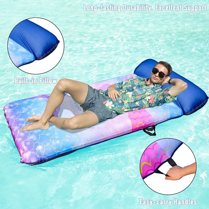FindUWill Oversized Pool Float Lounge, 72" X 37" Extra Large Fabric-Covered Pool Floats for Adults, Inflatable Contour Lounger with Headrest Ultra-Comfort Cooling Pool Raft (XL, Monstera)