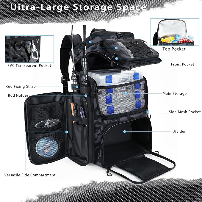 Fishing Backpack with 4 Tackle Boxes, 55L Large Tackle Box Backpack with 4 Rod Holders, Waterproof 900D Tackle Backpacks with Cooler & Clear Gear Windows, Fishing Gifts for Men Women,Camouflage Black