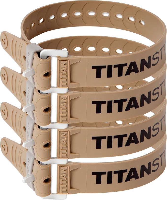 Titan Industrial Straps – Safety Strap Set to Secure Splits, Cargo Bikes, Garden Hoses, Wood Working Projects – 70 lb. Working Load, 20" Length, 4-Pack Coyote Tan