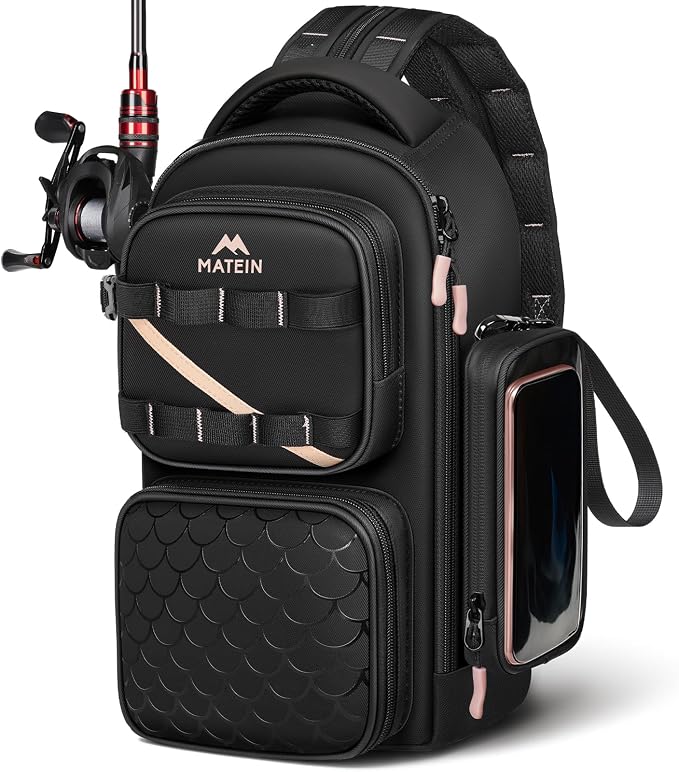 MATEIN Womens Fishing Sling Bag with Lure Rod Holder & Phone Pouch, Fishing Backpack Tackle Box