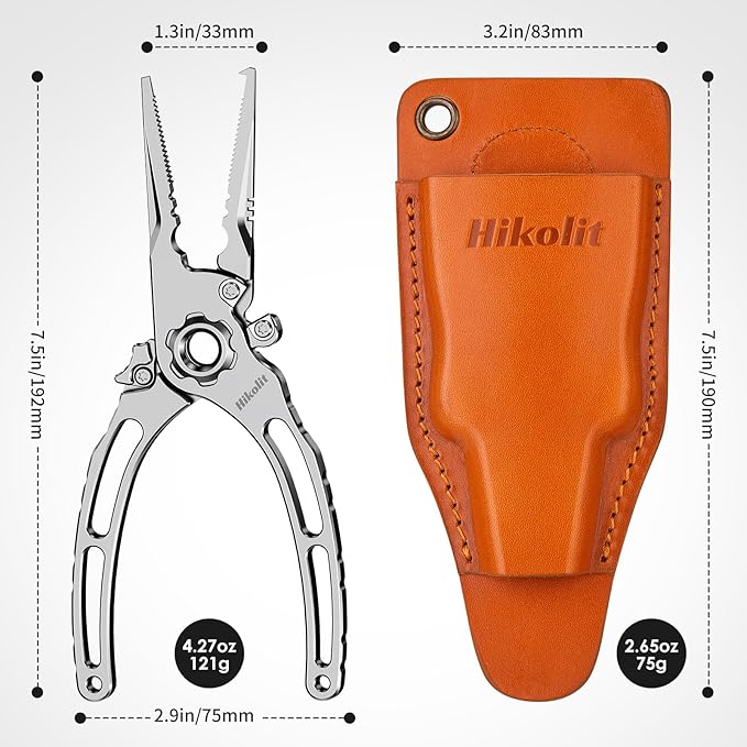 7.5” Titanium Fishing Pliers, Saltwater Fishing Pliers with Leather Sheath and lanyard, Never Rust Hook Remover and Split Rings, Fishing Gifts for Man