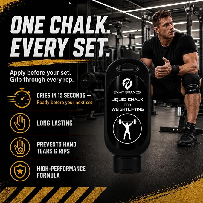 EVMT Brands Liquid Chalk, Mess Free Gym Chalk for Weightlifting, Gymnastics, Rock Climbing, Dancing. Sweat Resistant and Long Lasting for Stronger Grip.