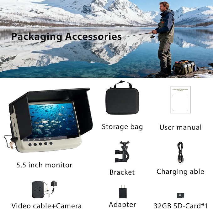 Underwater Camera & Fish Finder: 5.5 Inch OLED 1080P Waterproof Ice Fishing Camera with Monitor｜Portable Fish Finders for Ice/Lake Fishing｜Depth Finder for Boat/Kayak & Murky Under Water