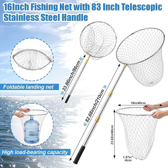 Heavy Duty Fishing Net with 83 Inch Telescopic Stainless Steel Handle 16 Inch Diameter Large Landing Net Foldable Lightweight for Bass Trout Catfish Salmon Steelhead Boat Pier Fishing