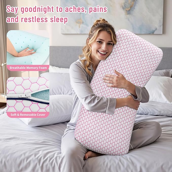 CushyOasis Memory Foam Pillows for Side, Back and Stomach Sleepers, Set of 2, Bed Pillow with Washable Cover and Breathable Mesh, Bed Pillow for Sleeping (Pink，King Size)
