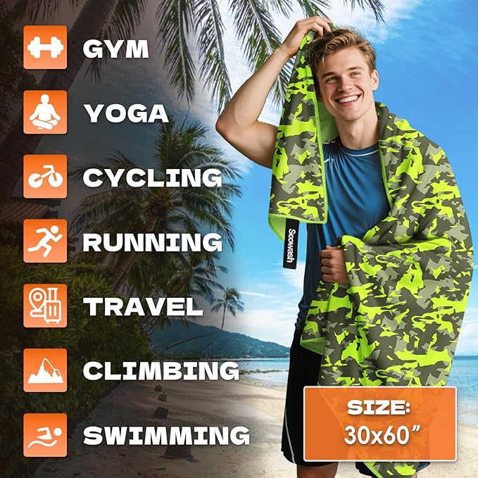 Microfiber Sweat Towel 2 Pack 30" x 60" Gym Towel Camouflage Green | Lightweight and absorbent microfiber towel with quick-dry, odor-resistant fabric for yoga, travel, camping and beach