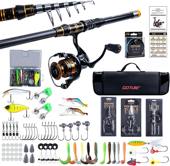 Goture Telescopic Fishing Rod and Reel Combo with Carrier Bag,1.8M-2.7M | Carbon Fiber Pole,5.2:1 Spinning Reel,Line,Pliers,Fish Gripper,Scissors,Lures Set, for Starter Travel Saltwater Freshwater