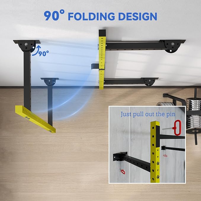 Soozier Folding Squat Rack with Adjustable Pull-Up Bar, 1000 Pounds Capacity Wall Mounted Power Rack, Adjustable Steel Barbell Rack with J Hooks for Home Gym Full Body Workout