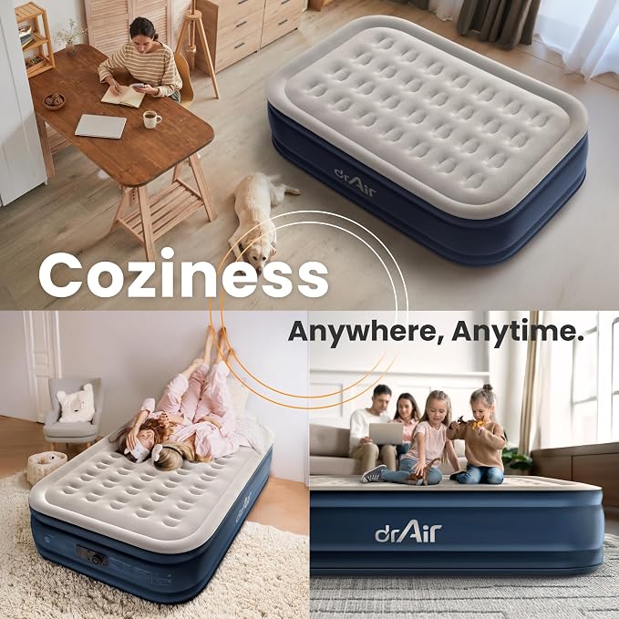 Dr. air Full Air Mattress, 18” Raised Inflatable Bed with Built-in Pump, Waterproof Velvety Top, Ergonomic Design, Reinforced Support, and Carry Bag for Home, Camping, and Guests