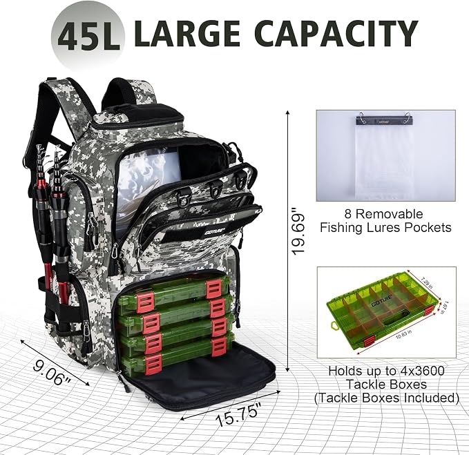 Goture Fishing Backpack with 4 Tackle Boxes,900D Water-Resistant Tackle Backpack with Rod Holders,SBS Zippers,45L Large Tackle Storage Gear Bag with Rain Cover,Bottle Holder for Travel Camping Hiking
