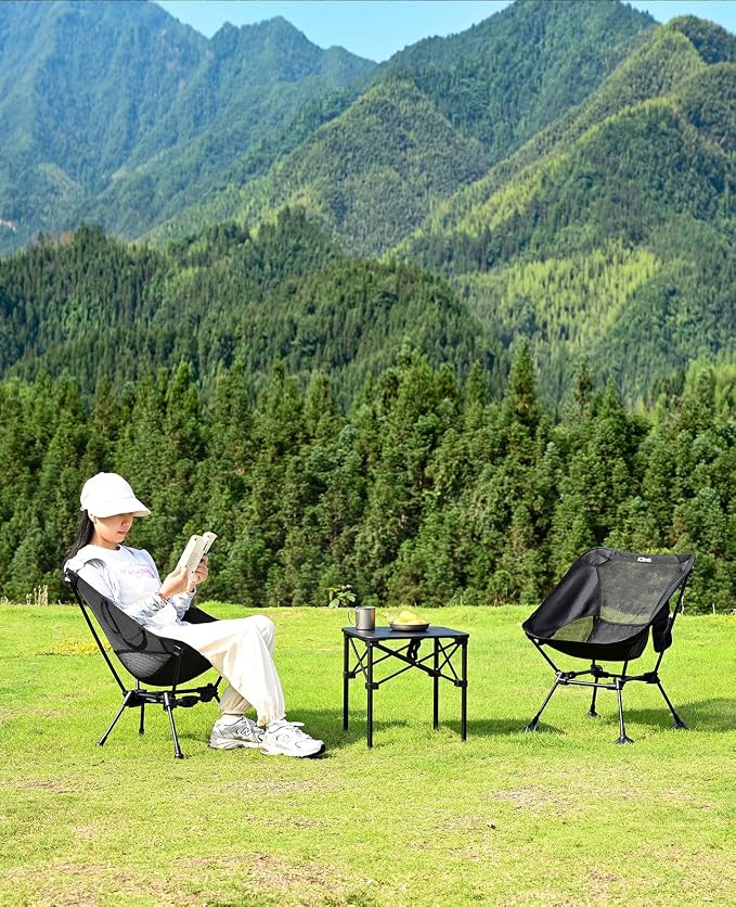 iClimb Ultralight Compact Camping Folding Beach Chair with Anti-Sinking Large Feet and Back Support Webbing (Black - Triangular Frame - 2PC)