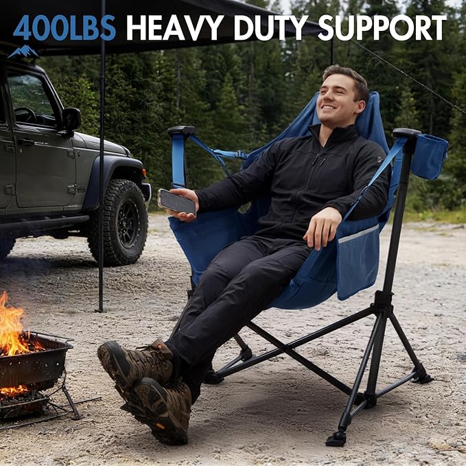 Portal Hammock Camping Chair Heavy Duty 400lbs - Swinging Chair Outdoor with Adjustable Recline & Headrest Pillow, Portable Hammock Swing Chair for Camping Beach Sports Events, Blue