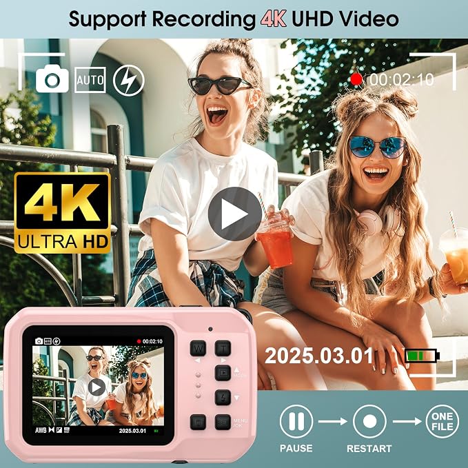 4K Underwater Camera, 64MP 16FT Waterproof Digital Camera with 16GB Card, Autofocus Floatable Waterproof Camera with IPS HD Screen, 16X Digital Zoom, Fill Light, for Snorkeling, Surfing, Swimming