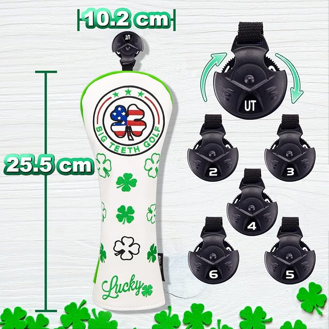 Big Teeth Golf Cover Lucky Clover Headcover Covers, Driver Fairway Wood Hybrid Headcovers Fits Blade Mallet Putter Iron and Woods with Magnetic White Shamrock Head Club Protector Leather