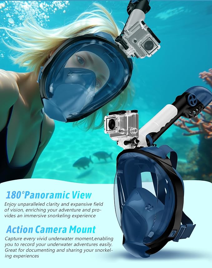Full Face Snorkel Mask for Adults, 180° Panoramic Anti-Fog Snorkeling Gear with Dry Top System & Camera Mount, Foldable Anti-Leak Design for Travel, Swimming & Ocean Snorkeling
