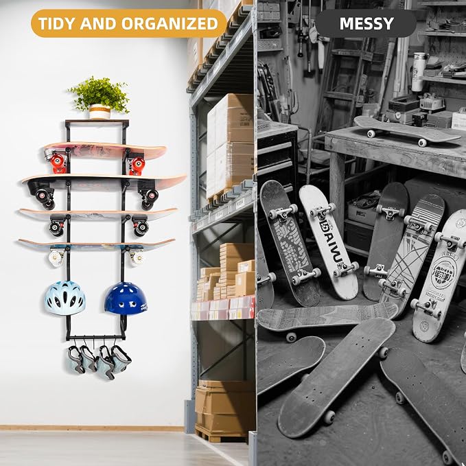 Skateboard Wall Mount Rack — Horizontal Multi-Board Display Shelf & Hanger, Longboard Deck Cruiser Holder, Wooden Helmet Stands & Accessories Hooks, Home Garage Wall Storage Organizer (Black)