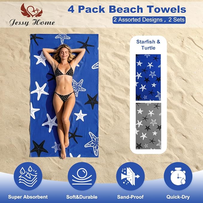 Jessy Home Microfiber 4 Pack Beach Towel Set, 40x70in Oversized Beach Towel, Quick-Dry Sand-Free Highly Absorbent Swim Towel, Soft Pool Towel, Marine Mixed Prints of Starfish & Sea Turtle for Vacation