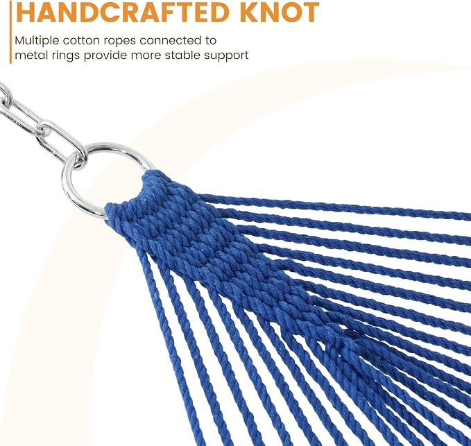 Lazy Daze Hammocks 12FT Double Rope Hammocks, 2 Person Hand Woven Cotton Hammock with Spreader Bar for Outside, Patio, Poolside, FIT 13-15 FT Stand, Max 450 Lbs, Blue, 141 x 57 inches