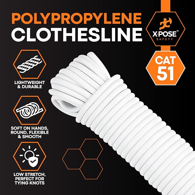 Plastic Clothesline Rope 5/32" x 50 FT, White Outdoor Clothes Line for Hanging and Drying Laundry, Weather Resistant Braided Plastic Laundry Line, Synthetic Cord for Clothesline Pulley