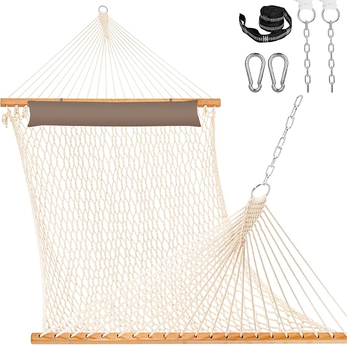 Lazy Daze Hammocks 12FT Double Rope Hammocks, 2 Person Hand Woven Cotton Hammock with Pillow and Spreader Bar for Outside, Patio, Poolside, FIT 13-15 Ft Stand, Max 450 Lbs, Natural, 141 x 57 inches