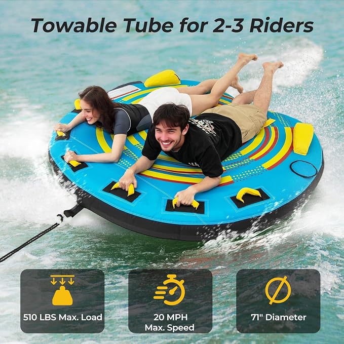 GYMAX Towable Tube for Boating, 2/3 Riders Inflatable Boat Tube for Water Sports to Pull with Padded Grip, Dual Tow Points, Full 900D Nylon Cover & Drainage System for River, Lake, Sea