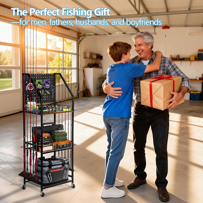 Fishing Rod Holder for Garage Organization, Fishing Rod Rack, Fishing Gear Storage up to 12 Rods with Pegboard & Hooks, Heavy Duty Fishing Cart with Wheels for Fishing Storage,Tackle Box (Large)