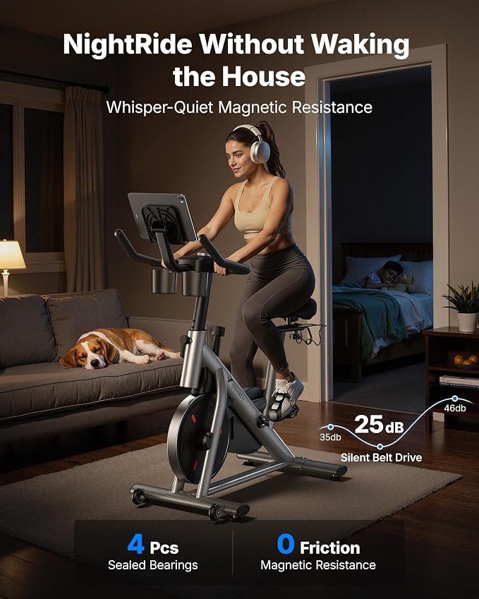 Merach Exercise Bike, Magnetic Friction Stationary Bike with Brake Pad and Exclusive App, Low Noise Indoor Cycling Bike with 300lbs Weight Capacity, Tablet Mount and Fitness Courses for Weight Loss