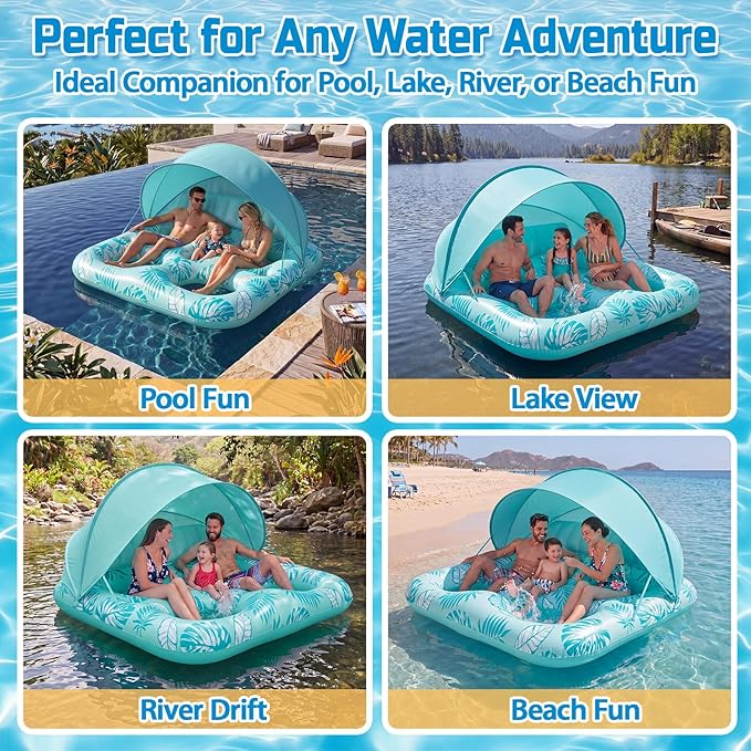 Chumia Pool Floats with Canopy for Adult, UPF50+ 1-2-3 Person Inflatable Floats with Sun Shade Backrest Footrest and Cup Holder Heavy Duty for Pool Lake River Beach Ocean Summer Party Supply