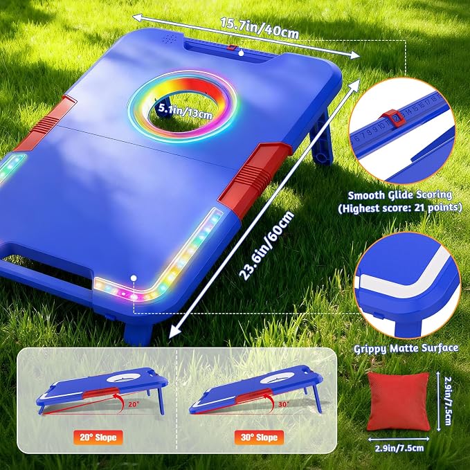VATOS Portable Cornhole Board Set with LED Lights & Sound Effects, Scoring, Foldable - 2 Boards & 8 Bean Bags for Backyard, Camping, Tailgate Parties, Outdoor Cornhole Games for Kids and Adults Family